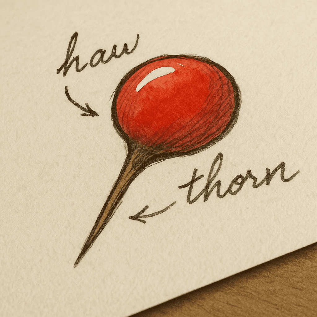 Illustration of hawthorn berry (haw) and thorn